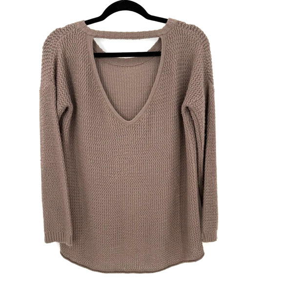 Dont Ask Why Taupe Waffle Knit Sweater Open Back V Neck Long Sleeve Size M/L - Picture 2 of 9